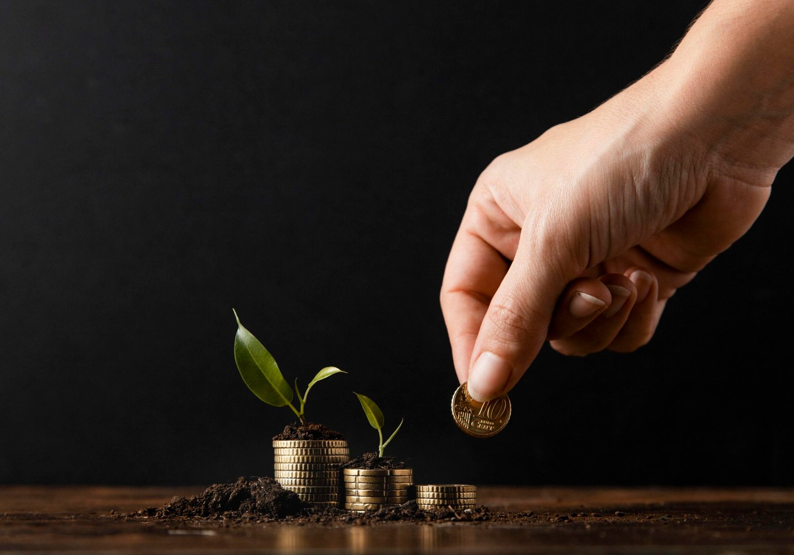 hand-adding-coins-stack-covered-dirt-plants